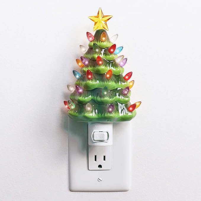 Milltown Merchants Ceramic Christmas Tree Night Light - Plugin Christmas Tree with Lights - Lighted Vintage Ceramic Tree - Mini Christmas Tree Decorative Night Light (Christmas Tree)