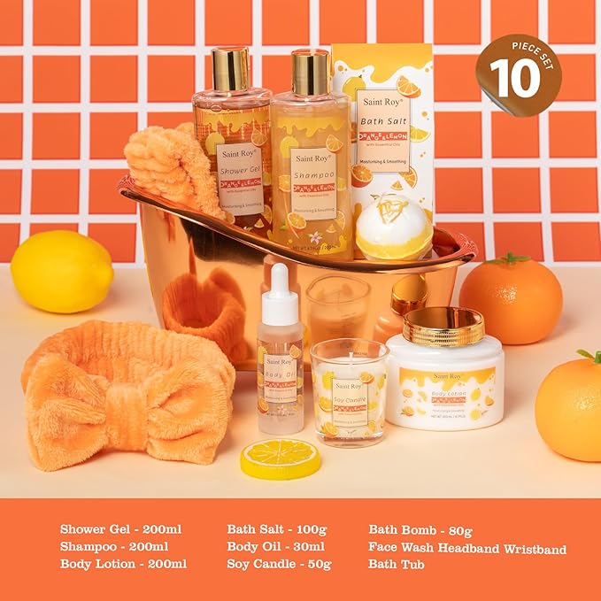 Orange Scents spa gift set Great Gift Lemon Spa Gifts for girls, Body care Set Birthday Gifts, Gift Baskets for Woman, 11pcs Bath Gift Set for Women, Christmas Gifts for Women Citrus Spa Gift Basket