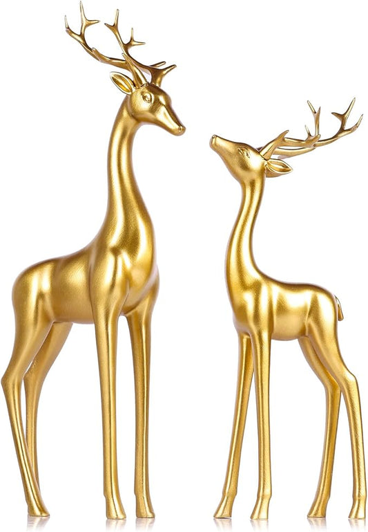QIANLING 2Pcs Large Gold Reindeer Figurines Christmas Decorations - 13" Tall Resin Deer Statues for Tabletop, Mantel, or Shelf, Indoor Gold Reindeer Sculpture Ornaments for Home Decor