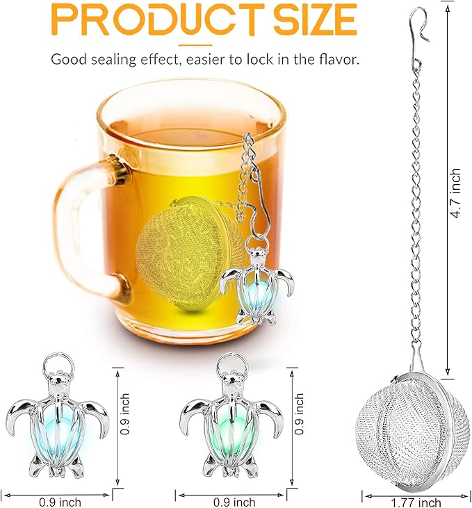 2pcs Tea Infuser TeaSanavie Loose Leaf Tea Steeper Stainless Steel Tea Ball Mesh Tea Strainer Silver Glow In The Dark Turtle Pendant Tea Filter with Extended Chain Hook for Brew Fine Loose Tea Leave