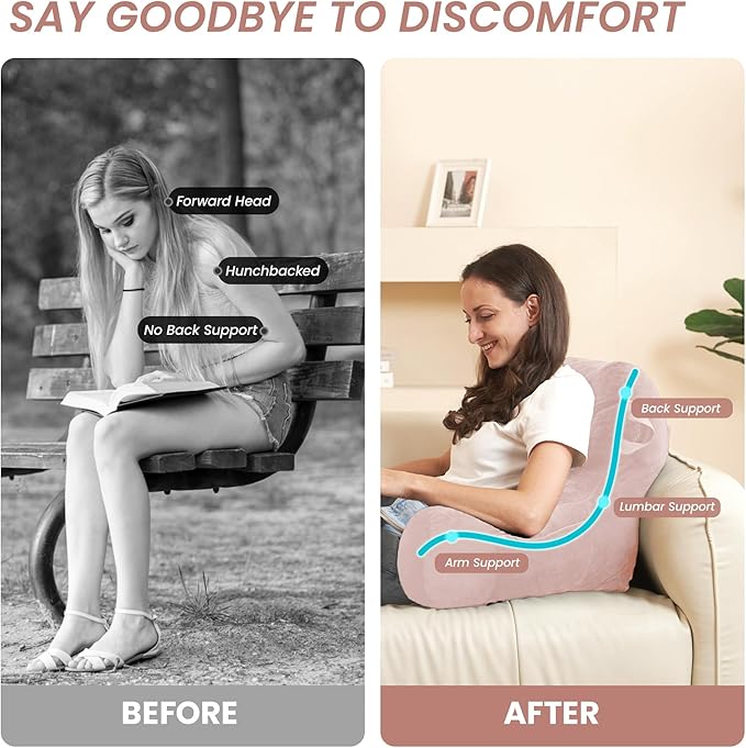 Portable Comfy Reading Pillows for Bed Sitting Up(Pink Oeko-Tex), Velvet Back Pillow with Arms & Pockets for Adults, Support Memory Foam Bed Pillow for Dorm/Reading/Watching/Gaming