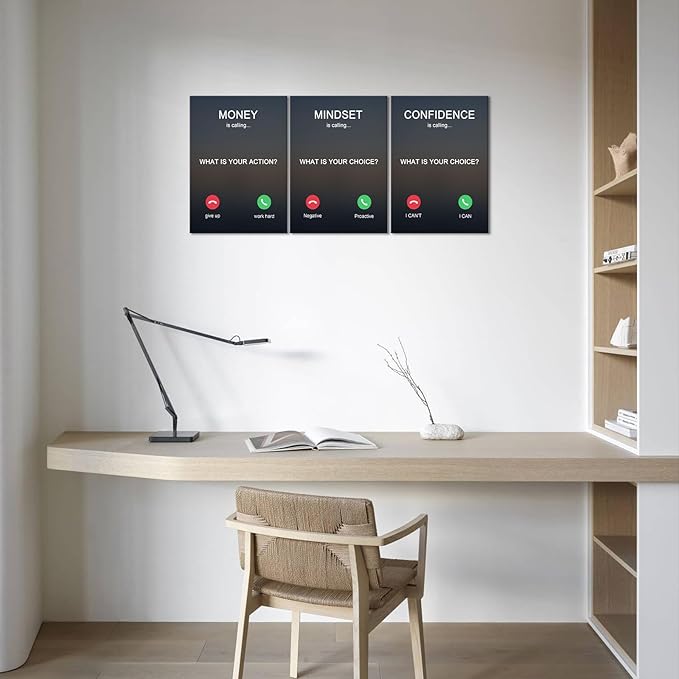 KAWAHONE 3PCS Motivational Canvas Wall Art, Positive Affirmation Poster -Money is calling Mindset Confidence -Inspirational Quotes Posters for Home Office Workplace Ready to Hang