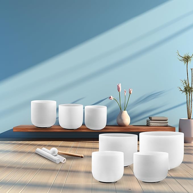 Ryan Dvan 432Hz 7-12 Inch 7 Chakra Crystal Singing Bowl Set Frosted Quartz Crystal Sound Therapy Kit with Suede Mallets 2 Travel Cases O-Ring Tool for Yoga Meditation Energy Balancing Reiki Healing