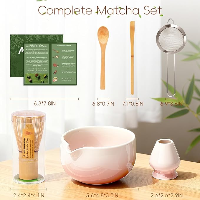 Matcha Whisk Set, Ceramic Matcha Set Includes Bowl & Holder, Bamboo Whisk (Chasen), Scoop, Spoon and Sifter, 6PCS Matcha Kit Covers Everything Needed for Making Matcha (Pink)