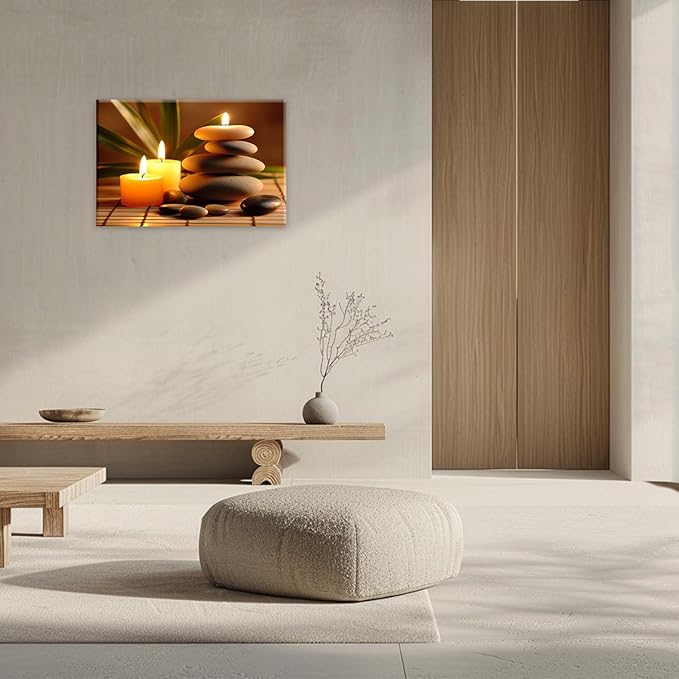 Zen Canvas Wall Art Candles Stones Pictures Print Spa Serene Still Life Painting Meditation Framed Artwork for Spa Yoga Room Bathroom Decor(Artwork-1,16"x24")