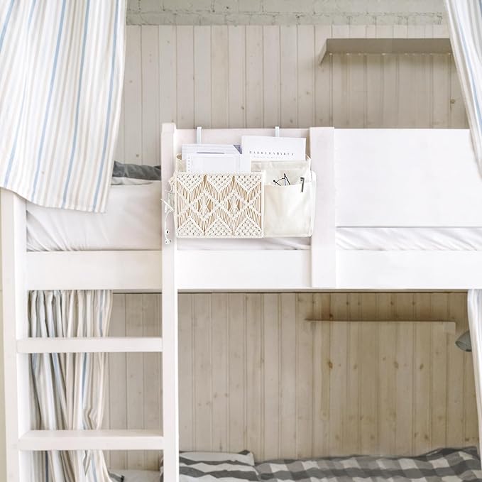 Mkono Bedside Caddy Hanging Organizer, Boho Macrame Storage with Fixed Straps and Hooks, 4 Pockets Holder Remote Magazine Accessories for Home Loft Bunk Bed, Dorm, Hospital Beds