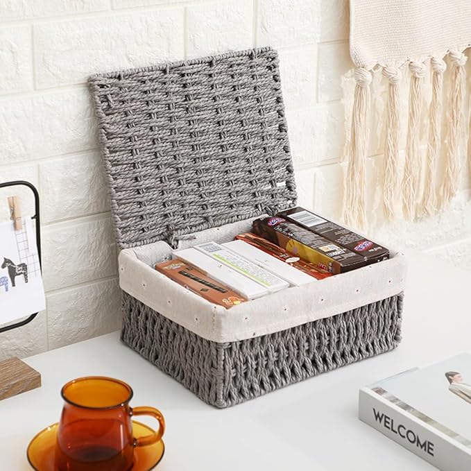 3PCS Wicker Basket with Lid Paper Rope Storage Baskets for Shelf Baskets Storage Bins with Lid and Removable Liner Makeup Bathroom Closet Drawer Desk Organizer Shelf Baskets (Grey)