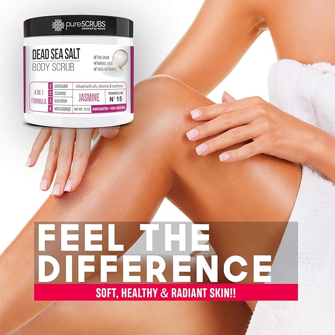 pureSCRUBS Premium Jasmine Body Scrub Set - Large 16oz Dead Sea Salt Body Scrub With Infused Essential Oils & Nutrients Includes Wooden Spoon, Loofah & Oatmeal Exfoliating Bar Soap