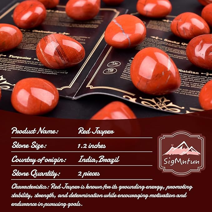Polished Red Jasper Crystal Stones - 2 Pcs of 1.2" Worry Stone for Anxiety, Pocket Palm Stone Super Large Handpicked Natural Tumbled Gemstones for Meditation, Reiki, Chakra Healing, Home Decor