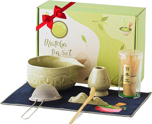 TEPEAK Matcha Whisk Set, 7 Pcs Matcha Set Green, Matcha Kit for Ceremony, Matcha Tea Set for Making Breakfast/Latte, Ceramic Matcha Bowl (Chawan) with Spout and Bamboo Whisk, Gift for Friend/Family