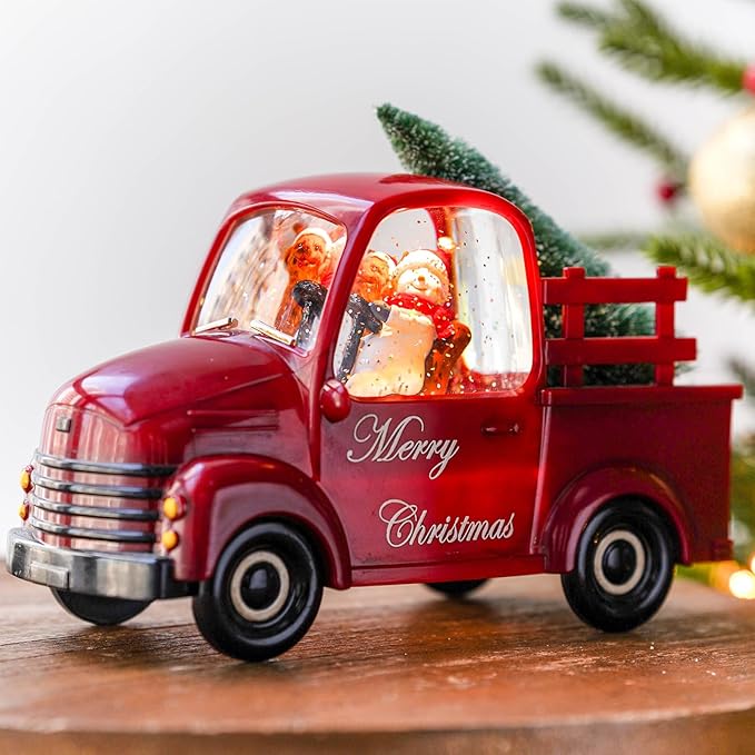 Xindian Musical Red Truck Snow Globe with Swirling Glitter, Snowman & Dog, Carrying Christmas Tree, Spinning Water Lantern for Christmas Decor