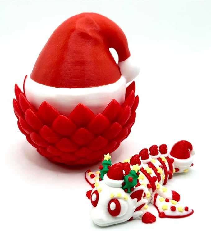 Fidget Toy Dragon Egg Santa Hat Container with Flexible Articulated Christmas Dragon, 3D Printed, Birthday Gift, Christmas Holiday Present, Stocking Stuffer, Easter Basket Filler