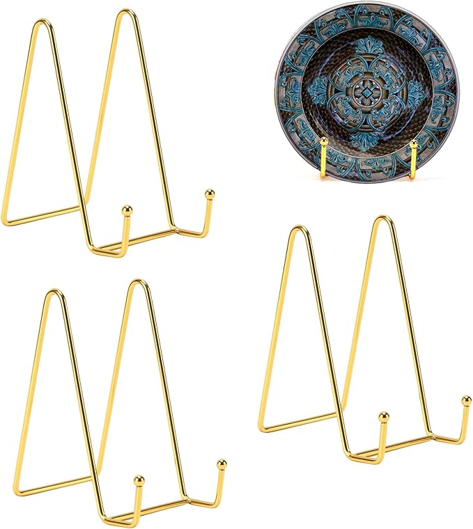 3 Pack 8 Inch Plate Stands for Display, Plate Holder Display Stand, Picture Frame Stand Black Metal Frame Holder Stands for Book,Small Easel,Decorative Plate,Photo and Platter,Tabletop Art-gold