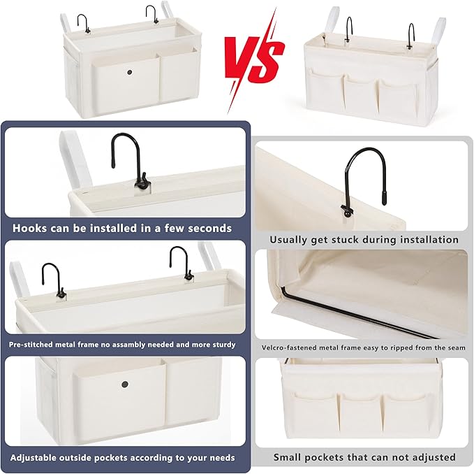 Bedside Caddy Bedside Organizer with Fixed Straps & Water Bottle Holder, Bunk Bed Caddy ideal for Home, Dorm, Hospital, Crib, Versatile Bedside Storage Solution (White)