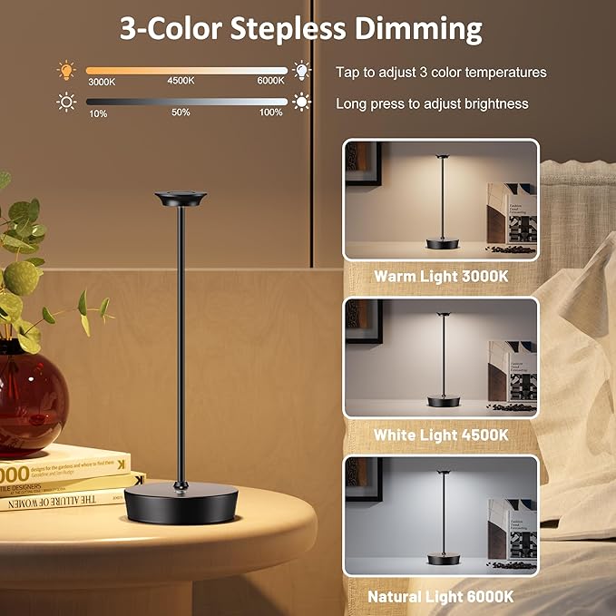 YHT Cordless LED Table Lamp Set of 2, Outdoor Portable LED Table Lamp, Dimming 6000mAh Battery Waterproof Table Light for Restaurant, Patio, Dinner, Bedroom (2Pack Black)