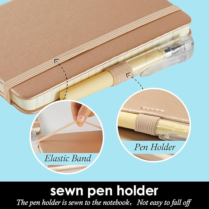 3 Pack Small Notebook 3.7" x 5.7" with Pen, Mini Pocket Size Journal Notepad 100GSM Thick Paper No Bleed, 408 Pages, Note Pad Note Book for Work, Champagne Gold