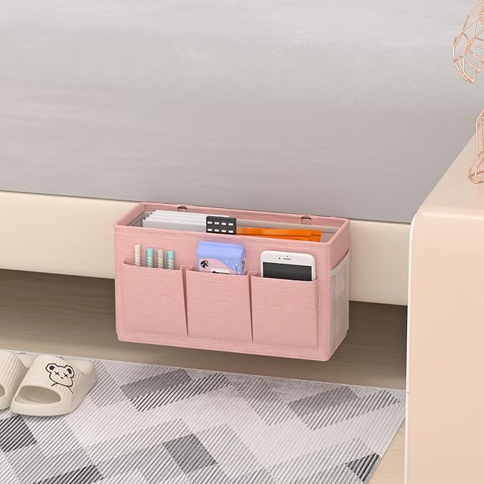 Dual-purpose Bedside Caddy Bedside Organizer, Bed Caddy with 6 Pockets, Versatile Bedside Storage Solution Magazine Remotes holder, ideal for Home, Dorm, Hospital, Crib Bed (Pink 2pcs)