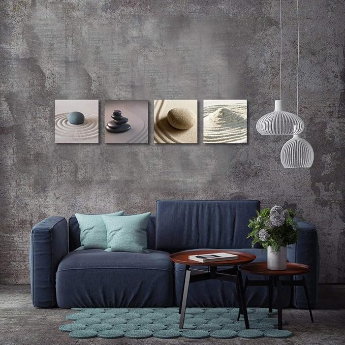 Zen Wall Art Relaxing Stone Spa Theme Painting Bathroom Wall Decor Framed Gallery Wrap 12"x12"x4 Panels