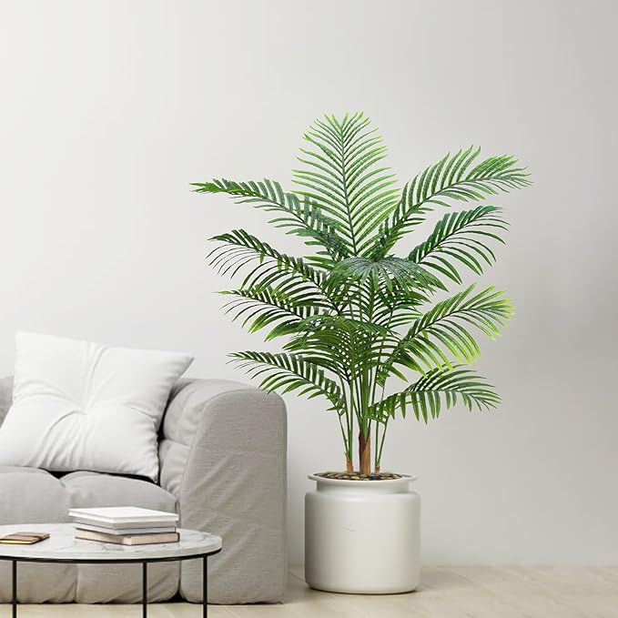 2 Pack Artificial Palm Tree Indoor Plant 4FT Tall Fake Tropical Palm Tree in Pot, Real Bark Design Faux Areca Palm Tree for Home Office Living Room Bedroom Farmhouse Modern Outdoor Topiary Tree