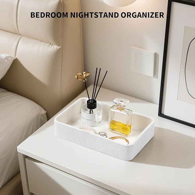 PU Leather Valet Tray Organizer, Modern Nightstand Organizer Bedside Desktop Storage for Womens and Men, Decorative Perfume Trinket Catchall Vanity Tray for Key Watch Wallet (White)