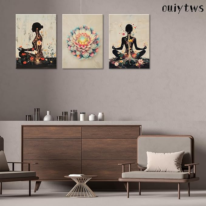 Yoga and Flower themed Meditation Wall Art Set of 3, Spiritual Meditation Women's Match with Flower and Lotus Patterns Canvas Poster Prints Painting,for Yoga Meditation Room,Bedroom,Framed 16X24in