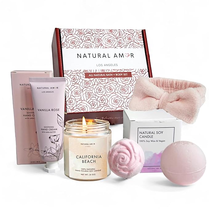 Natural Amor Relaxation Spa Gift Set for Women, 5 Piece Bath & Body Box with Candle, Hand Cream, Bath Bombs & Headband, Self Care Gift for Her