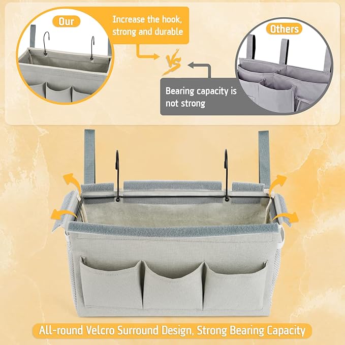 Bedside Caddy Organizer with Fixed Straps & Water Bottle Holder for Home, College Dorm, Bunk Bed, Hospital & Crib Bed Rails (2 pcs, Grey)