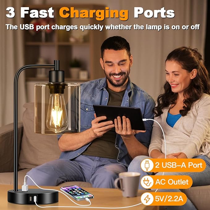 Set of 2 Industrial Touch Control Table Lamps with 2 USB Ports and AC Outlet - 3-Way Dimmable Black Bedside Lamp Nightstand Desk Lamps for Bedroom Living Room, Amber Glass Shade & 2 LED Bulbs Included