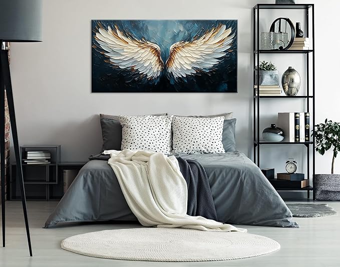 ZESTRILIA Angel Wings Wall Art Blue Oil Painting Reproduction Print Modern Abstract Canvas Paintings Waterproof Artwork Picture for Living Room Bedroom Home Office Kitchen Décor (28x58inch)