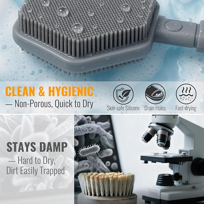Silicone Back Scrubber for Shower – 21in Extendable Shower Brush with Long Handle – Dual-Sided Back Brush with Non-Slip Grip, Gentle Cleansing & Exfoliation for Men, Women, Elderly (Gray)