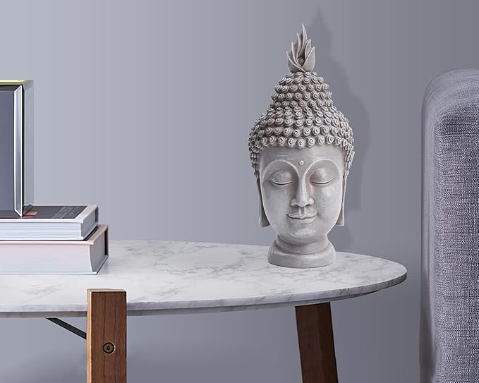 Buddha Head Statue Zen Meditation Decoration, 11 inch Resin Stone Gray Buddha Head Statue for Buddhist Spiritual Altar Decoration Buddhism Gifts