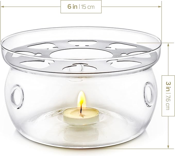 Teabloom Universal Tea Warmer (Large Size - 6 in / 15 cm Diameter) - Handcrafted with Heat Proof & Lead-Free Glass - Tealight Candle Included
