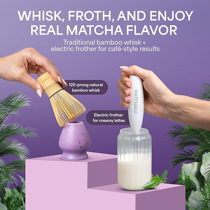 Matcha Whisk Set With Ceramic Matcha Bowl, Bamboo Whisk & Holder, Stainless Steel Spoon & Sifter, Glass Cup & Straw, Electric Frother, Storage Bag - Gift for Matcha Lovers (Premium 9-Piece Set Purple)