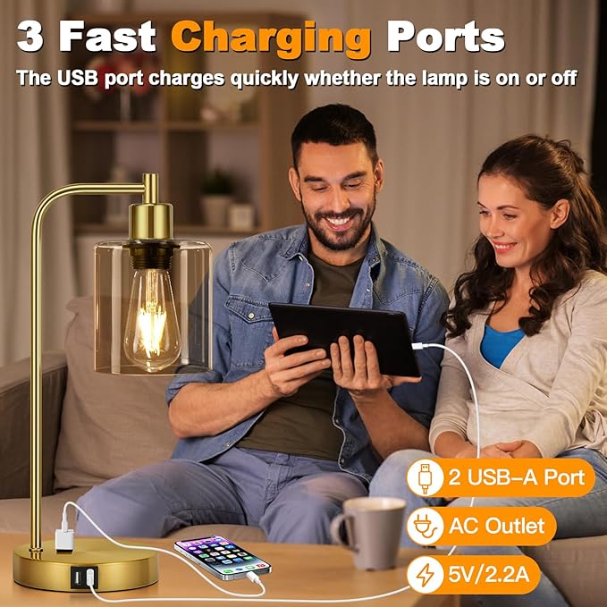 Set of 2 Industrial Touch Control Table Lamps with 2 USB Ports and AC Outlet - 3-Way Dimmable Gold Bedside Lamp Nightstand Desk Lamps for Bedroom Living Room, Amber Glass Shade & 2 LED Bulbs Included