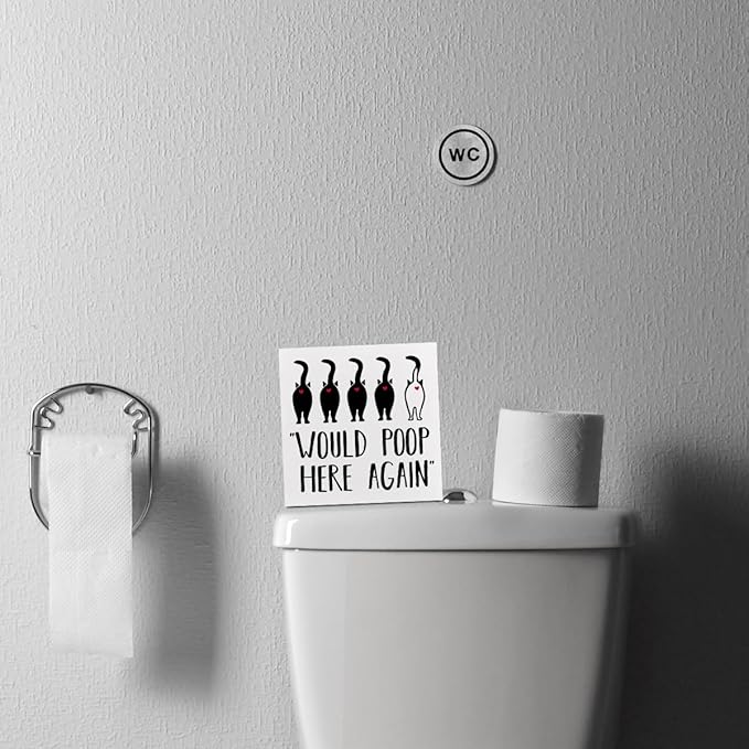 Funny Cat Bathroom Decor White Wooden Box Decorative Signs, Humorous Decorations for Bathroom Home Shelf, Wood Box Sign Cat Lover Gifts for Women Men Friends, Would Poop Here Again 5.1x5.1Inch