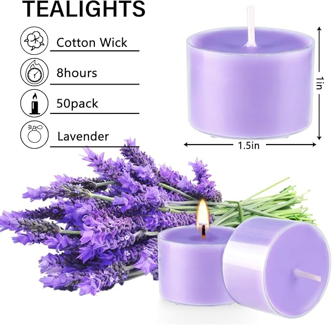 50 Pack Bulk Lavender Scented Tealight Candles in Clear Cup, Purple Wax Votive Candle for Birthdays Weddings Churches Anniversaries & More（8 Hour）