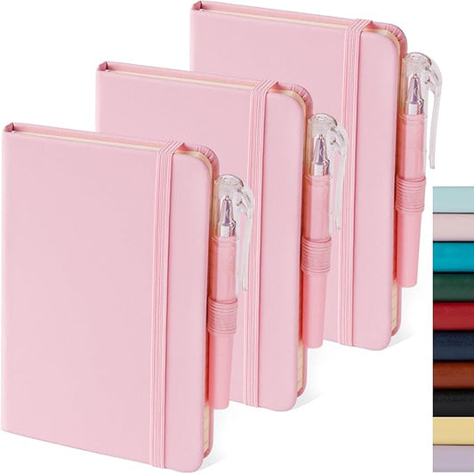 Small Notebook Journal with Pen, 3 Pack Mini Pocket Size Pink Journals Notebooks Bulk for Women Work School Writing Note Taking