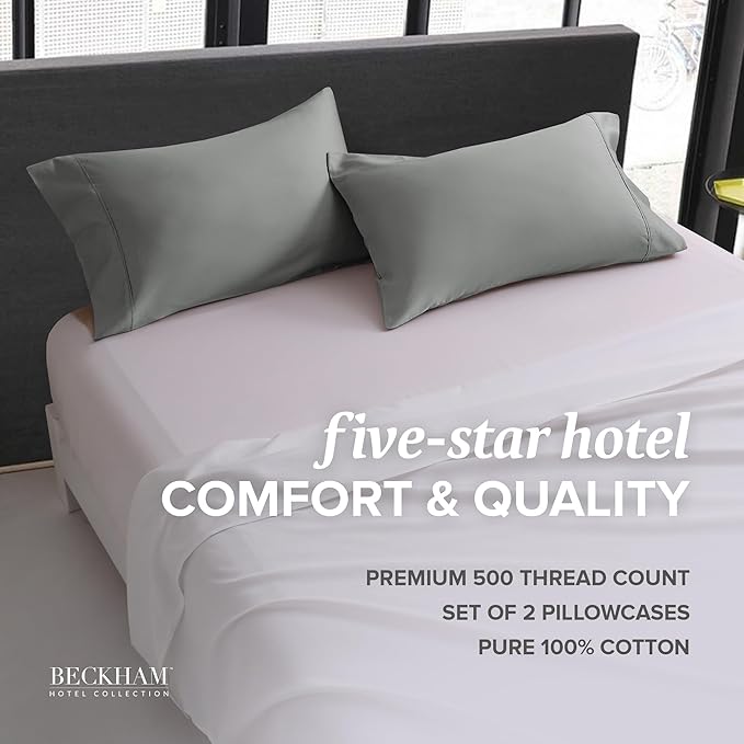 Beckham Hotel Collection Bed Pillowcases King Size Set of 2, 500TC 100% Cotton, Luxury Sateen Bedding, Open End, Breathable, Moisture-Wicking, Dark Gray