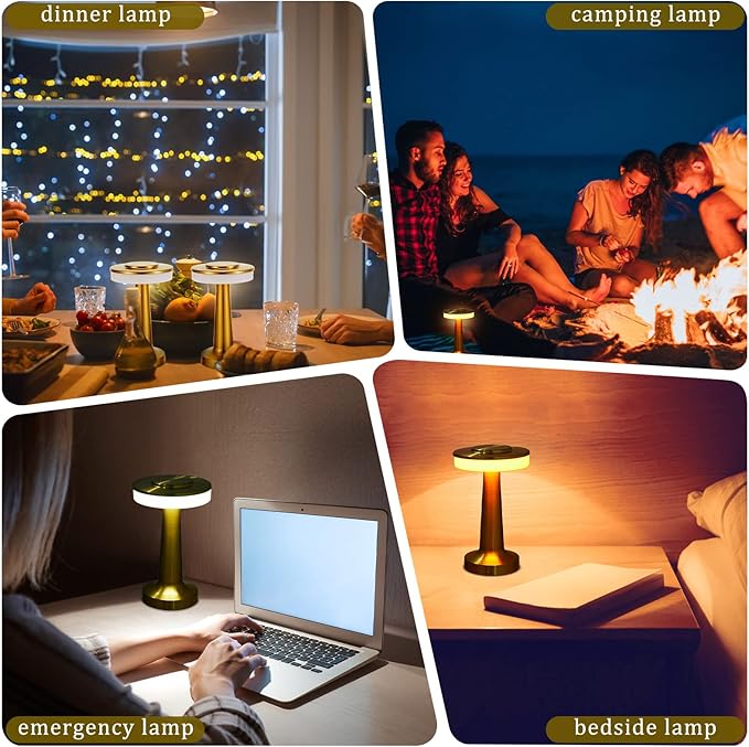 VIHOSE 8 Pcs Gold Cordless Table Lamps LED Portable Rechargeable Table Lamp with Touch Sensor 3 Color Dimming up to 15 Hours Battery Desk Light for Restaurant Nursery Living Room