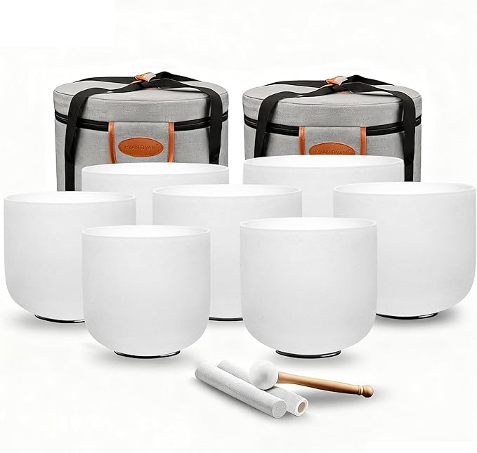 RYAN DVAN 432Hz 7-12 inch Crystal Singing Bowl Set of 7 with Free Carrying Case, Frosted Quartz Sound Bowls for Chakra Healing, Meditation,Yoga,Sound Therapy,Mindfulness,Relaxation & Stress Relief