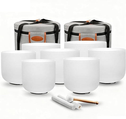 RYAN DVAN 432Hz 7-12 inch Crystal Singing Bowl Set of 7 with Free Carrying Case, Frosted Quartz Sound Bowls for Chakra Healing, Meditation,Yoga,Sound Therapy,Mindfulness,Relaxation & Stress Relief