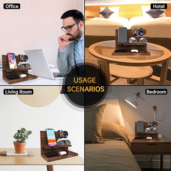 Birthday Gifts for Men Valentines Day Gifts for Men Gift for Dad Wood Phone Docking Station Organizer Wood Bedside Desk Organizer