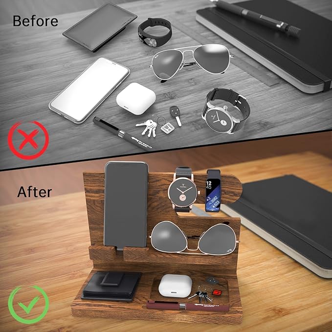 Birthday Gifts for Men Valentines Day Gifts for Men Gift for Dad Wood Phone Docking Station Organizer Wood Bedside Desk Organizer