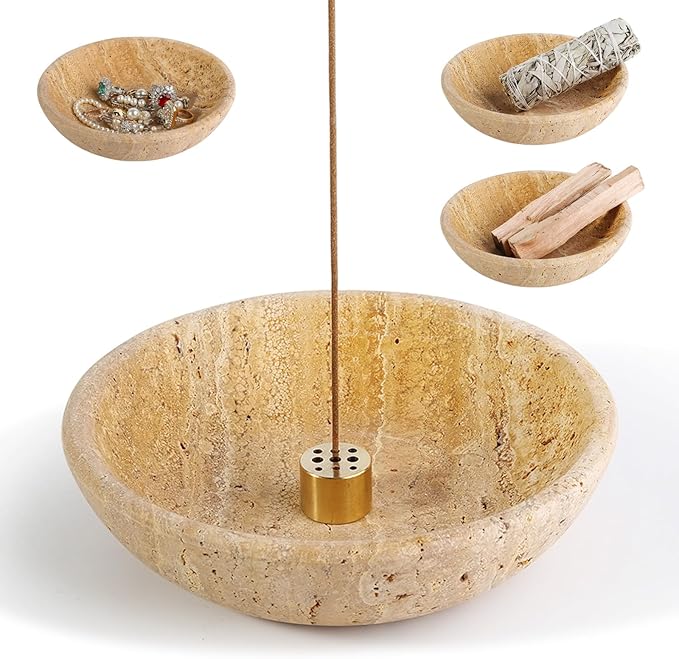 Koville Turkish Natural Travertine Incense Holder, 6" Incense Holders for Sticks, Sturdy Incense Burner Ash Catcher, Ideal for Meditation, Relaxing, Easy to Clean