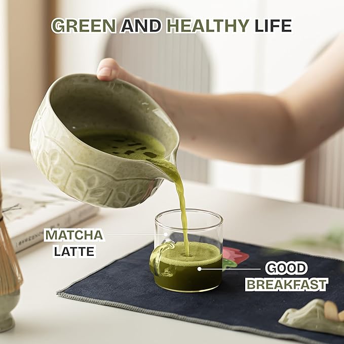 TEPEAK Matcha Whisk Set, 7 Pcs Matcha Set Green, Matcha Kit for Ceremony, Matcha Tea Set for Making Breakfast/Latte, Ceramic Matcha Bowl (Chawan) with Spout and Bamboo Whisk, Gift for Friend/Family