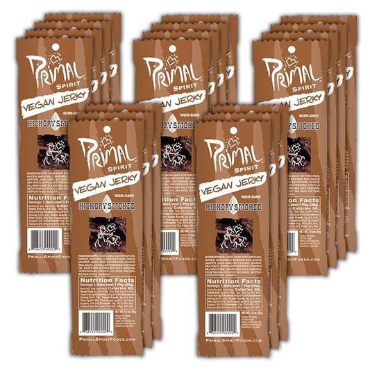 Primal Spirit Vegan Jerky – “Classic Flavor” – Hickory Smoked, 10 g. Plant Based Protein per oz., Certified Non-GMO, No Preservatives, Sports Friendly Packaging (18 Pack, 1 oz. ea.)