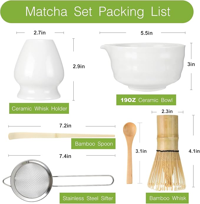 Matcha Whisk Set, 6 Pcs Matcha Set with Bamboo Matcha Scoop and Stainless Steel Sifter/Pouring Spout Ceramic Bowl/Matcha spoon/Matcha Whisk Holder, -19 oz Japanese Tea Ceremony Kit for Gifts (White)