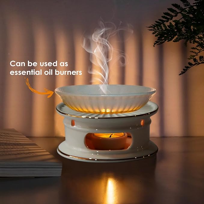 KAYCROWN Teapot Warmer, Ceramic Tea Warmer with Tealight Holder, Teapot Heater for Heating Coffee, Milk, Tea Light Heater, Candle Warmer (White)