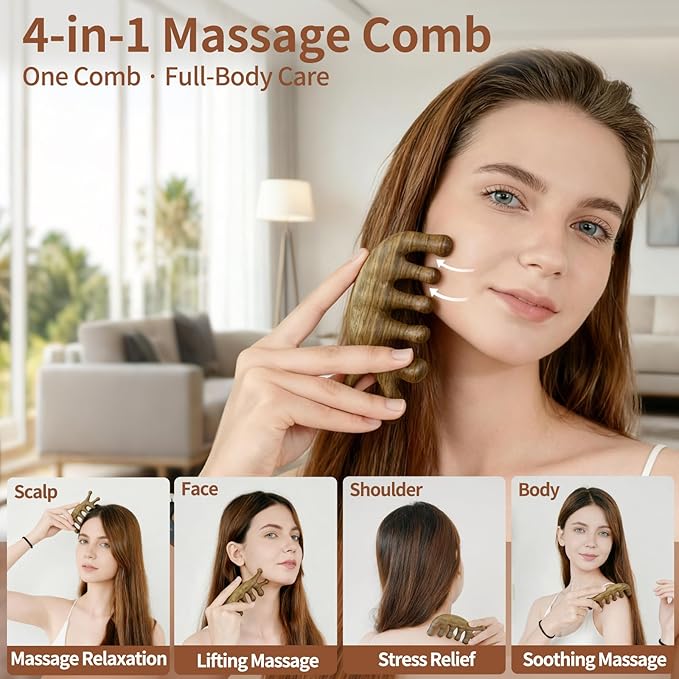 Green Sandalwood 4-in-1 Massage Comb & Gua Sha Tool for Scalp, Face & Body – Natural Wooden Comb for Relaxation, Stress Relief & Hair Care – Luxury Self-Care Gift for Women, Mom & Girlfriend