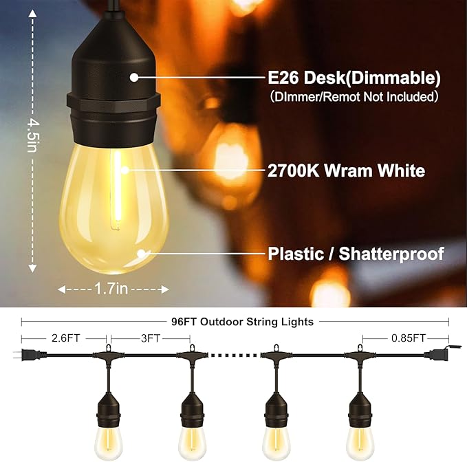 100FT LED Outdoor String Lights with 30+2 Shatterproof Bulbs, IP65 Waterproof, Commercial Grade Patio String Lights for Outside Porch Backyard Garden Deck Decor, 2700K Dimmable